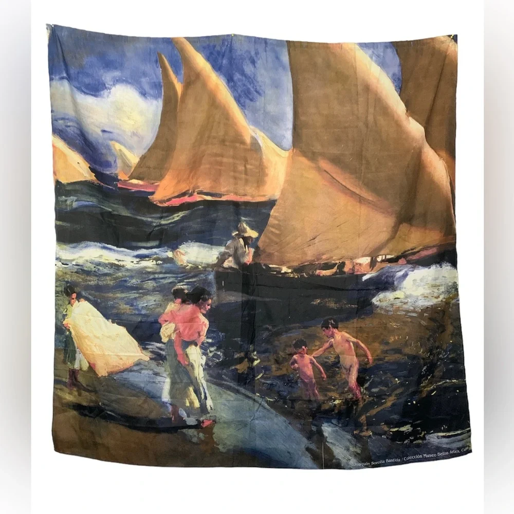 Impressionist Coastal Art Shower Curtain Sail Boats Ocean Beach Scene 71x71